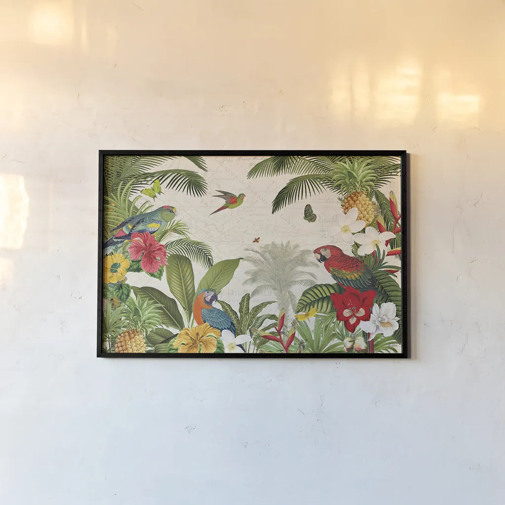 Parrot Paradise I by Katie Pertiet. shown as a paper print in a black flame. Available as a archival giclee rolled canvas, fine art paper, or poster print. SKU 42060i.