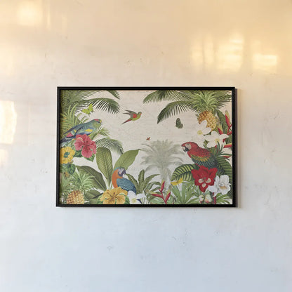 Parrot Paradise I by Katie Pertiet. shown as a paper print in a black flame. Available as a archival giclee rolled canvas, fine art paper, or poster print. SKU 42060i.