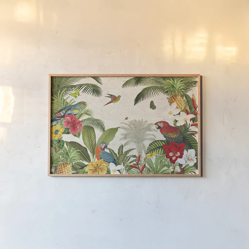 Parrot Paradise I by Katie Pertiet. shown as a paper print in a natural frame. Available as a archival giclee rolled canvas, fine art paper, or poster print. SKU 42060i.