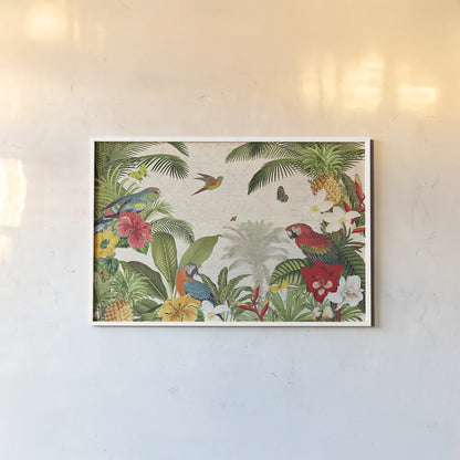 Parrot Paradise I by Katie Pertiet. shown as a paper print in a white frame. Available as a archival giclee rolled canvas, fine art paper, or poster print. SKU 42060i.