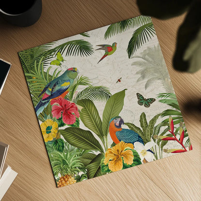 Parrot Paradise II by Katie Pertiet. Shown as a detailed flat fine art print, highlighting archival giclee quality. Available as an archival giclee rolled canvas, fine art paper, or poster print. SKU 42061a.