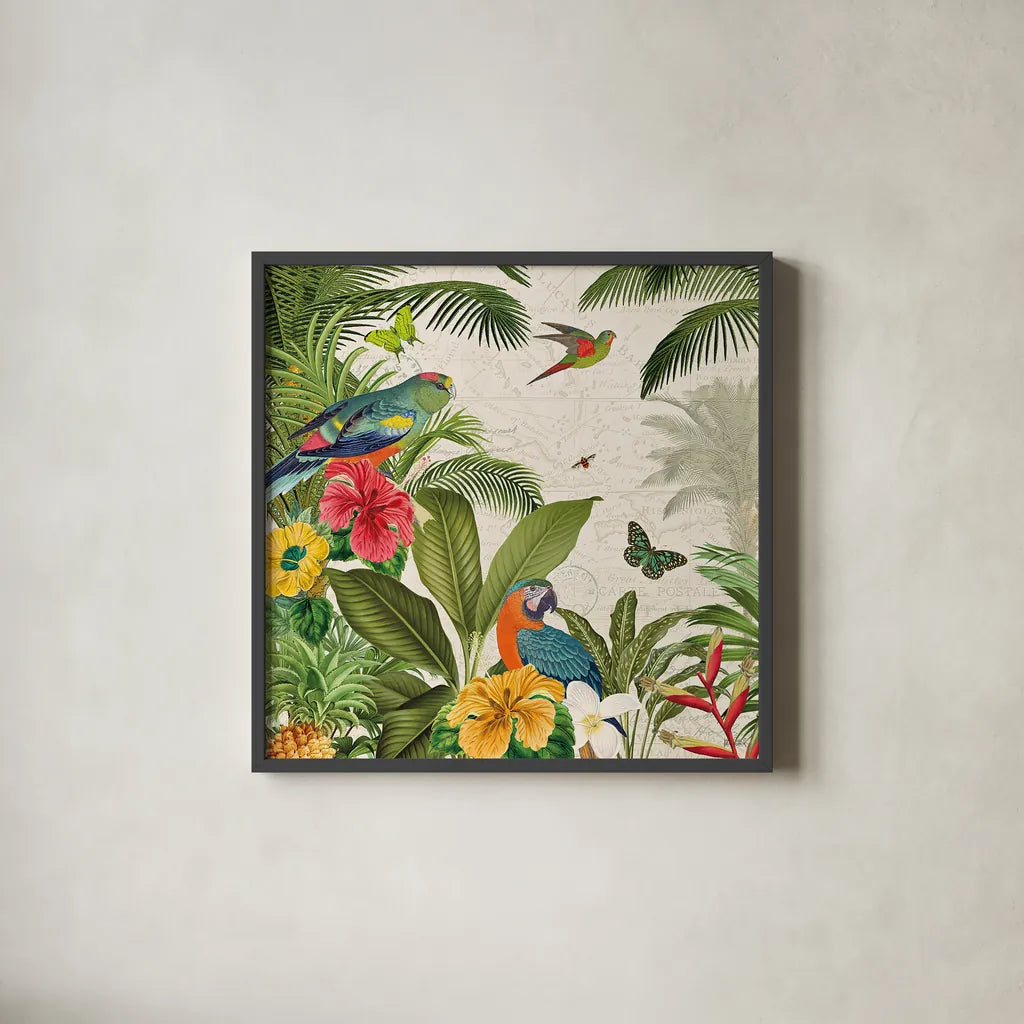 Parrot Paradise II by Katie Pertiet. Shown in a sleek black glass frame for a contemporary gallery look. Available as an archival giclee rolled canvas, fine art paper, or poster print. SKU 42061a.
