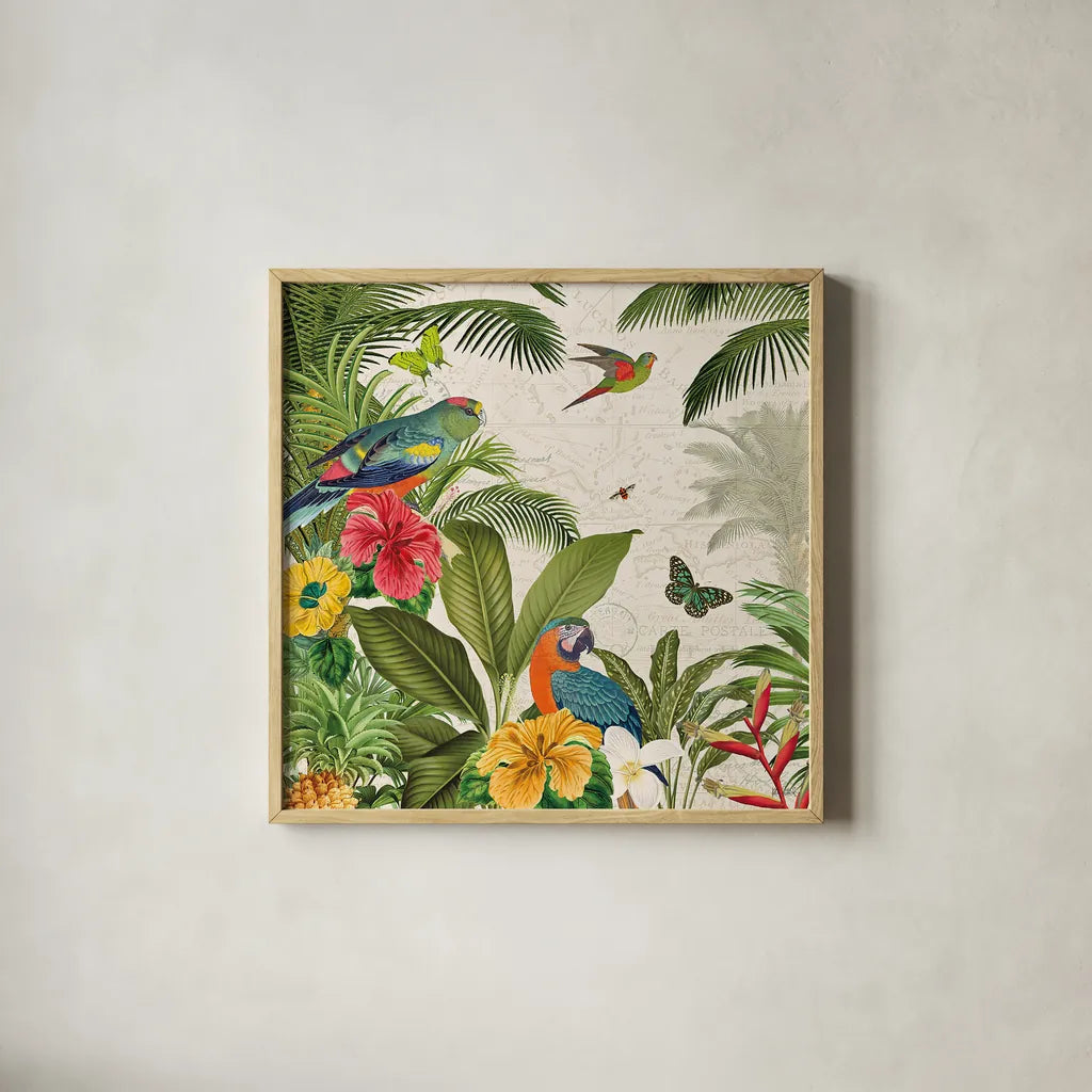 Parrot Paradise II by Katie Pertiet. Shown in a natural wood glass frame for a timeless modern aesthetic. Available as an archival giclee rolled canvas, fine art paper, or poster print. SKU 42061a.