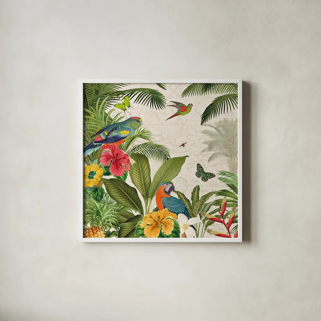 Parrot Paradise II by Katie Pertiet. Shown in a crisp white glass frame for a clean and minimalist style. Available as an archival giclee rolled canvas, fine art paper, or poster print. SKU 42061a.