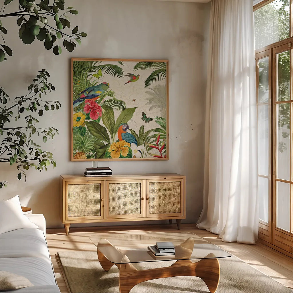 Parrot Paradise II by Katie Pertiet. Shown in a natural wood frame in a cozy modern living room. Available as an archival giclee rolled canvas, fine art paper, or poster print. SKU 42061a.