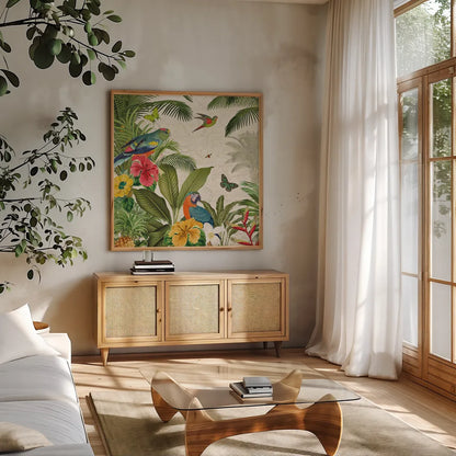 Parrot Paradise II by Katie Pertiet. Shown in a natural wood frame in a cozy modern living room. Available as an archival giclee rolled canvas, fine art paper, or poster print. SKU 42061a.