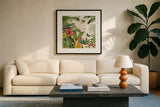 Parrot Paradise II by Katie Pertiet. Displayed in a glass frame with matte in a clean modern living room. Available as an archival giclee rolled canvas, fine art paper, or poster print. SKU 42061a.