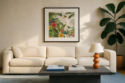 Parrot Paradise II by Katie Pertiet. Displayed in a glass frame with matte in a clean modern living room. Available as an archival giclee rolled canvas, fine art paper, or poster print. SKU 42061a.