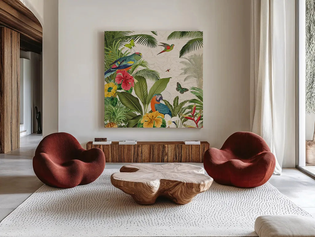 Parrot Paradise II by Katie Pertiet. Shown as extra-large giant wall art in a modern living room. Available as an archival giclee rolled canvas, fine art paper, or poster print. SKU 42061a.