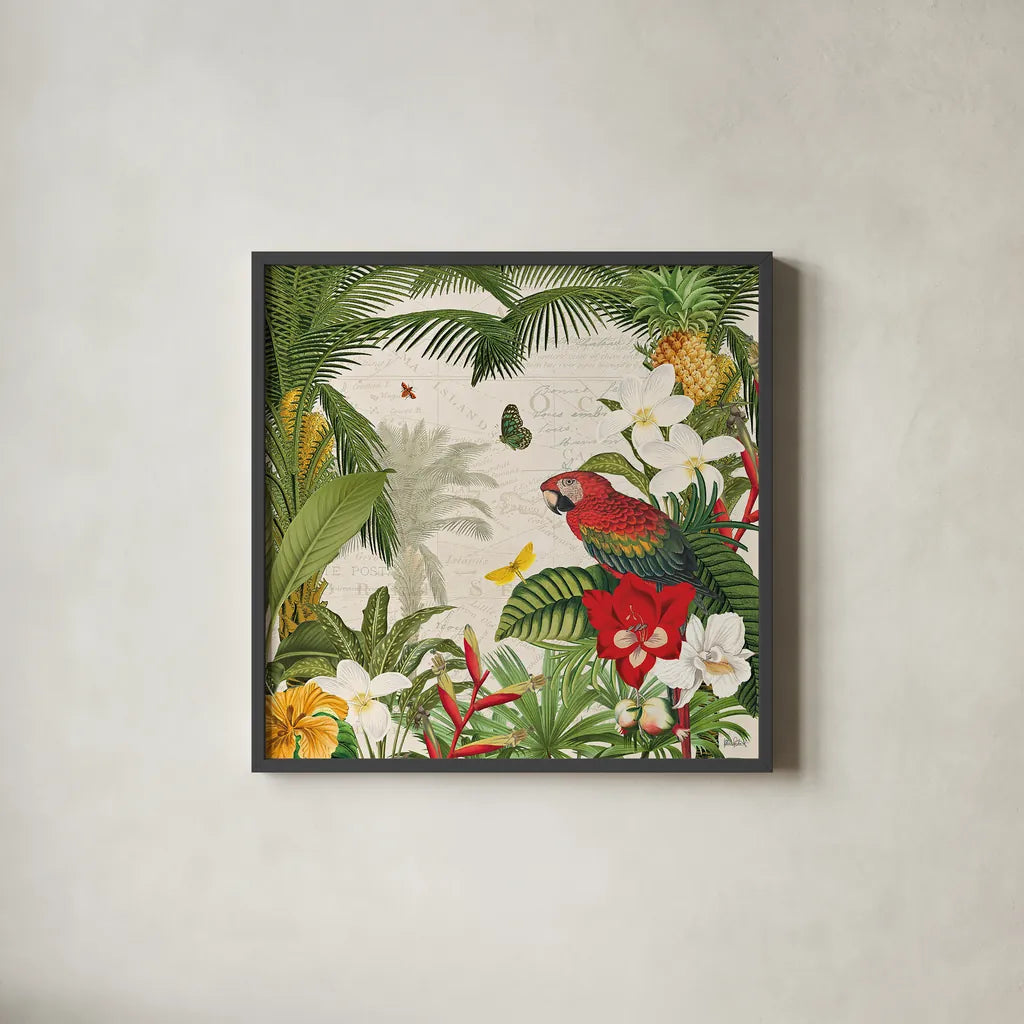 Parrot Paradise III by Katie Pertiet. Shown in a sleek black glass frame for a contemporary gallery look. Available as an archival giclee rolled canvas, fine art paper, or poster print. SKU 42062a.