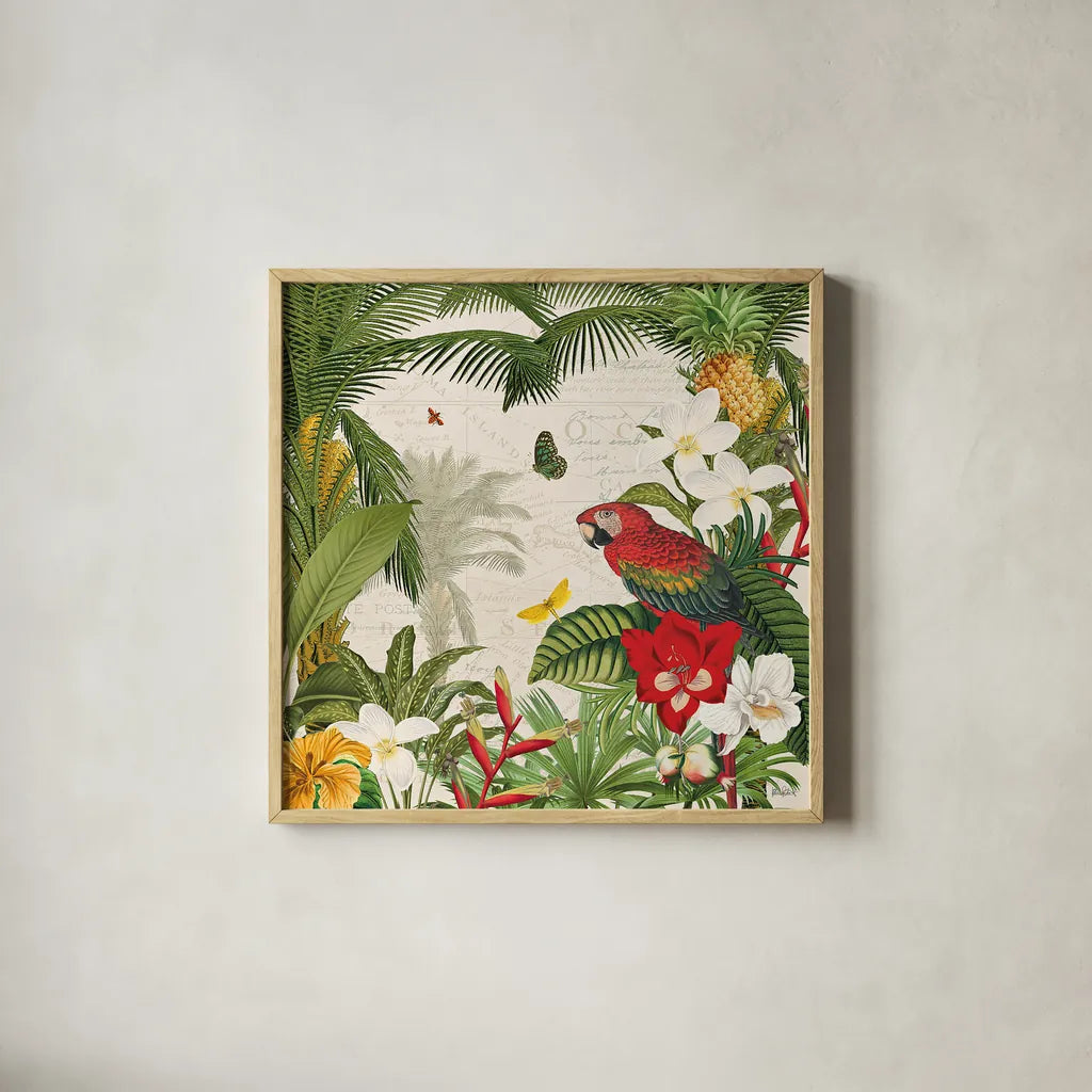 Parrot Paradise III by Katie Pertiet. Shown in a natural wood glass frame for a timeless modern aesthetic. Available as an archival giclee rolled canvas, fine art paper, or poster print. SKU 42062a.