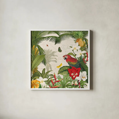 Parrot Paradise III by Katie Pertiet. Shown in a crisp white glass frame for a clean and minimalist style. Available as an archival giclee rolled canvas, fine art paper, or poster print. SKU 42062a.