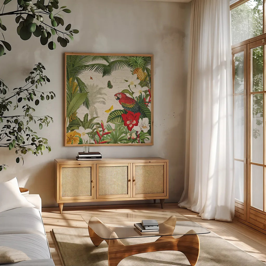 Parrot Paradise III by Katie Pertiet. Shown in a natural wood frame in a cozy modern living room. Available as an archival giclee rolled canvas, fine art paper, or poster print. SKU 42062a.