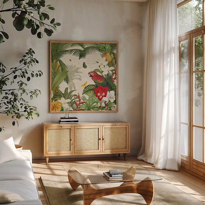 Parrot Paradise III by Katie Pertiet. Shown in a natural wood frame in a cozy modern living room. Available as an archival giclee rolled canvas, fine art paper, or poster print. SKU 42062a.