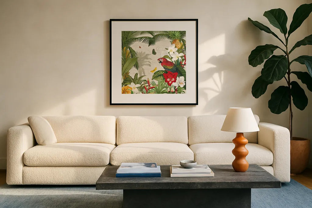 Parrot Paradise III by Katie Pertiet. Displayed in a glass frame with matte in a clean modern living room. Available as an archival giclee rolled canvas, fine art paper, or poster print. SKU 42062a.