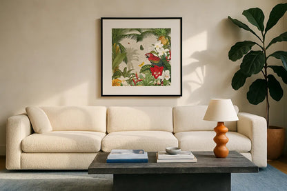 Parrot Paradise III by Katie Pertiet. Displayed in a glass frame with matte in a clean modern living room. Available as an archival giclee rolled canvas, fine art paper, or poster print. SKU 42062a.