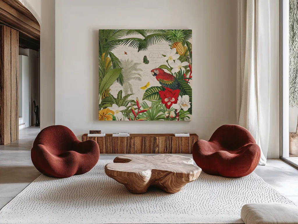 Parrot Paradise III by Katie Pertiet. Shown as extra-large giant wall art in a modern living room. Available as an archival giclee rolled canvas, fine art paper, or poster print. SKU 42062a.