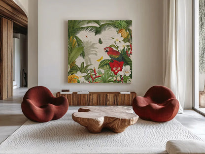 Parrot Paradise III by Katie Pertiet. Shown as extra-large giant wall art in a modern living room. Available as an archival giclee rolled canvas, fine art paper, or poster print. SKU 42062a.