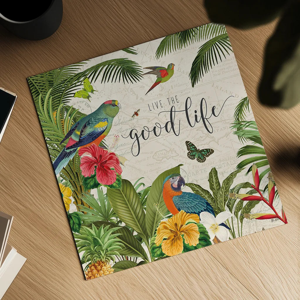 Parrot Paradise IV by Katie Pertiet. Shown as a detailed flat fine art print, highlighting archival giclee quality. Available as an archival giclee rolled canvas, fine art paper, or poster print. SKU 42063a.