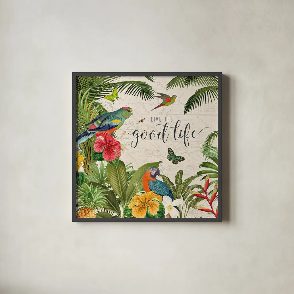 Parrot Paradise IV by Katie Pertiet. Shown in a sleek black glass frame for a contemporary gallery look. Available as an archival giclee rolled canvas, fine art paper, or poster print. SKU 42063a.