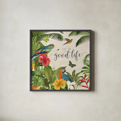 Parrot Paradise IV by Katie Pertiet. Shown in a sleek black glass frame for a contemporary gallery look. Available as an archival giclee rolled canvas, fine art paper, or poster print. SKU 42063a.