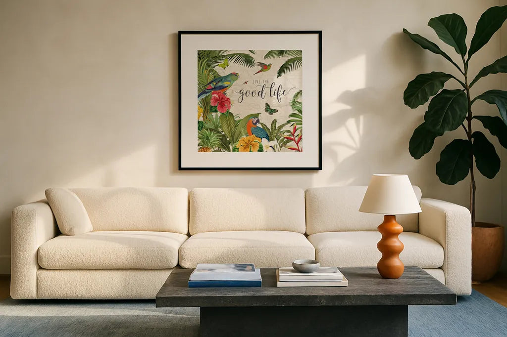 Parrot Paradise IV by Katie Pertiet. Displayed in a glass frame with matte in a clean modern living room. Available as an archival giclee rolled canvas, fine art paper, or poster print. SKU 42063a.