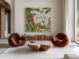 Parrot Paradise IV by Katie Pertiet. Shown as extra-large giant wall art in a modern living room. Available as an archival giclee rolled canvas, fine art paper, or poster print. SKU 42063a.