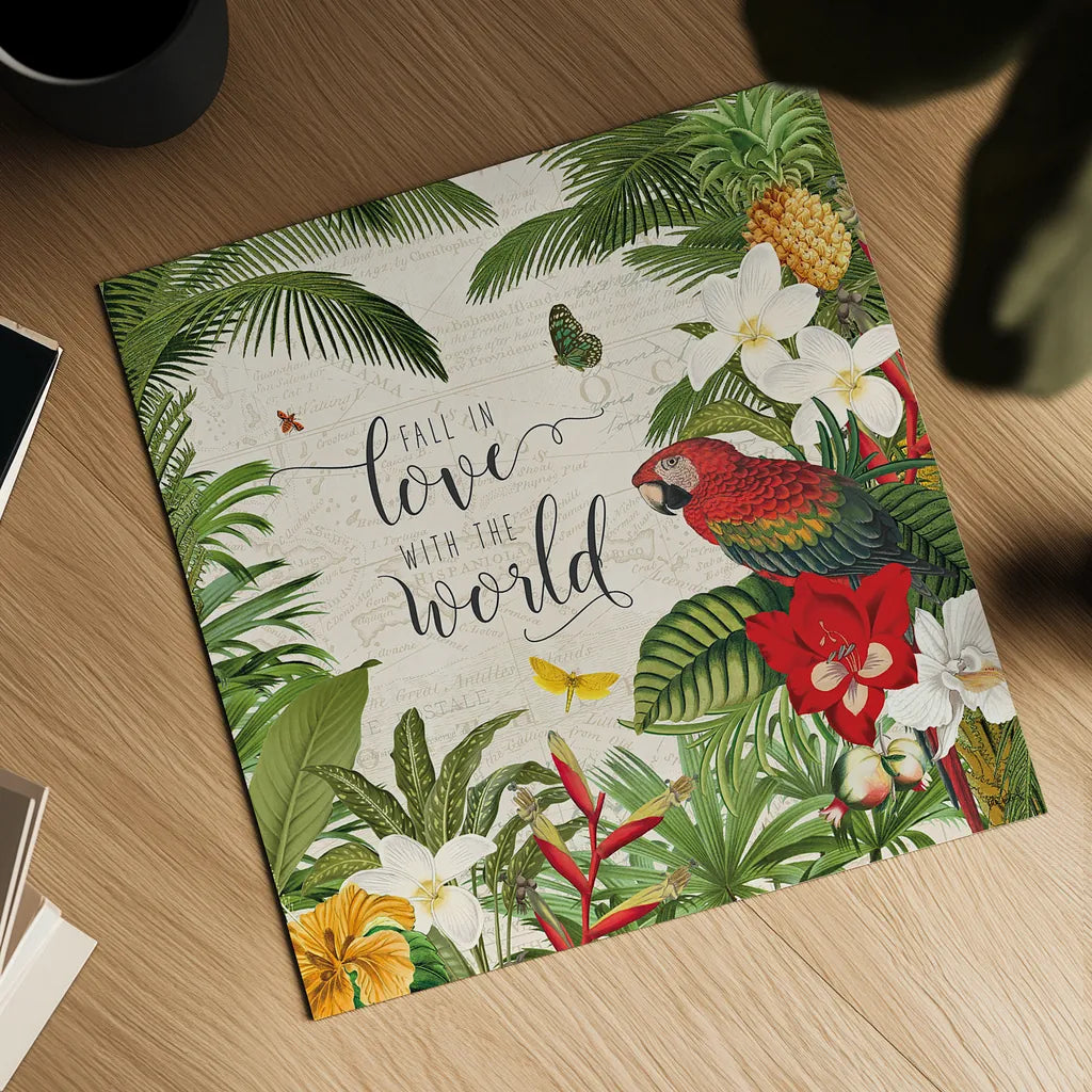 Parrot Paradise V by Katie Pertiet. Shown as a detailed flat fine art print, highlighting archival giclee quality. Available as an archival giclee rolled canvas, fine art paper, or poster print. SKU 42064a.