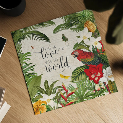 Parrot Paradise V by Katie Pertiet. Shown as a detailed flat fine art print, highlighting archival giclee quality. Available as an archival giclee rolled canvas, fine art paper, or poster print. SKU 42064a.