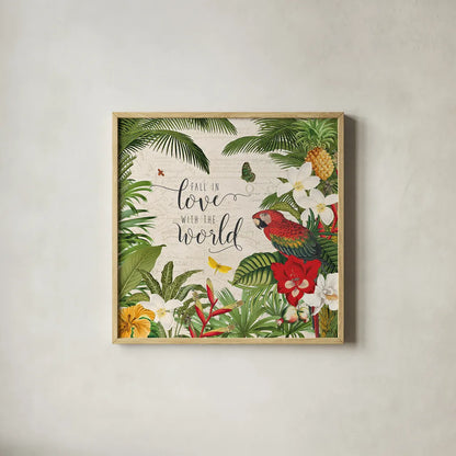 Parrot Paradise V by Katie Pertiet. Shown in a natural wood glass frame for a timeless modern aesthetic. Available as an archival giclee rolled canvas, fine art paper, or poster print. SKU 42064a.