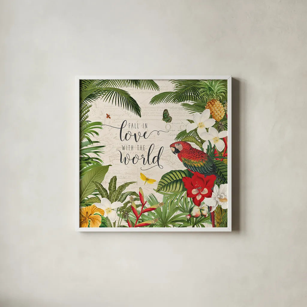 Parrot Paradise V by Katie Pertiet. Shown in a crisp white glass frame for a clean and minimalist style. Available as an archival giclee rolled canvas, fine art paper, or poster print. SKU 42064a.