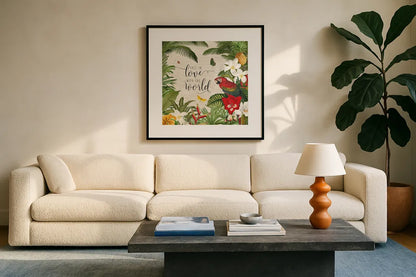 Parrot Paradise V by Katie Pertiet. Displayed in a glass frame with matte in a clean modern living room. Available as an archival giclee rolled canvas, fine art paper, or poster print. SKU 42064a.