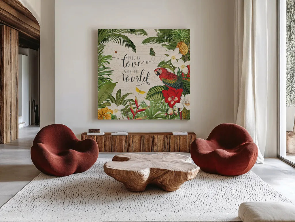 Parrot Paradise V by Katie Pertiet. Shown as extra-large giant wall art in a modern living room. Available as an archival giclee rolled canvas, fine art paper, or poster print. SKU 42064a.