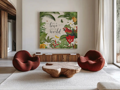 Parrot Paradise V by Katie Pertiet. Shown as extra-large giant wall art in a modern living room. Available as an archival giclee rolled canvas, fine art paper, or poster print. SKU 42064a.