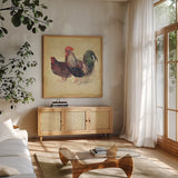 Rooster I by Katie Pertiet. Shown in a natural wood frame in a cozy modern living room. Available as an archival giclee rolled canvas, fine art paper, or poster print. SKU 29527a.