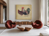 Rooster I by Katie Pertiet. Shown as extra-large giant wall art in a modern living room. Available as an archival giclee rolled canvas, fine art paper, or poster print. SKU 29527a.