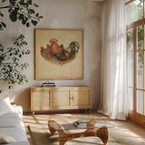 Rooster II by Katie Pertiet. Shown in a natural wood frame in a cozy modern living room. Available as an archival giclee rolled canvas, fine art paper, or poster print. SKU 29526a.
