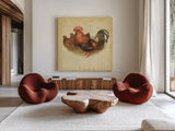 Rooster II by Katie Pertiet. Shown as extra-large giant wall art in a modern living room. Available as an archival giclee rolled canvas, fine art paper, or poster print. SKU 29526a.