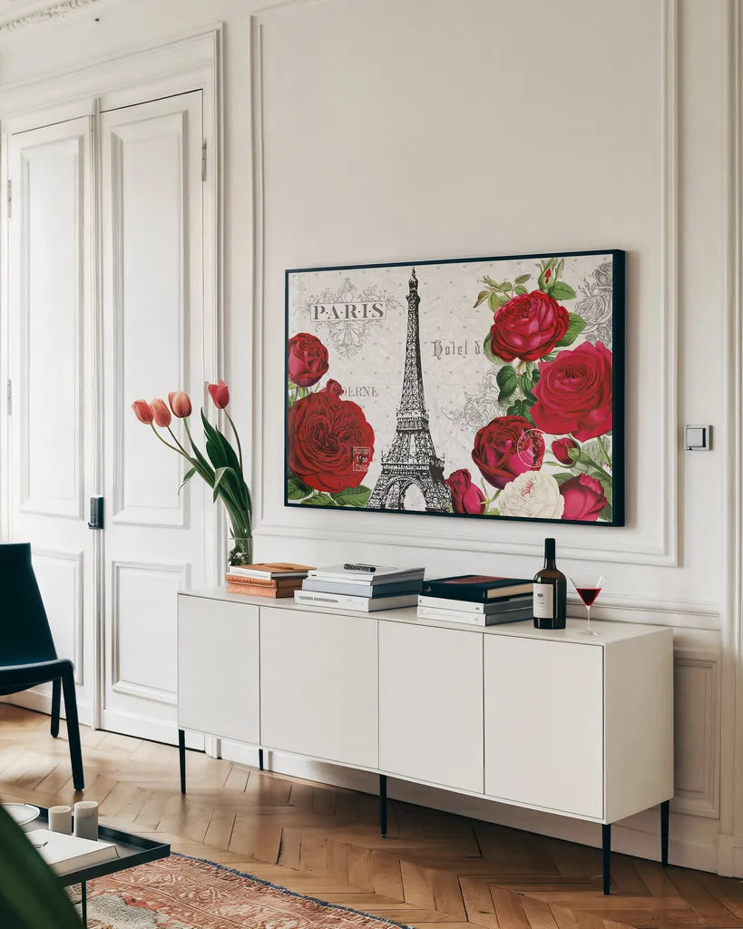 Rouge Paris I by Katie Pertiet. shown as a framed stretched canvas in a living room above a console. Available as a archival giclee rolled canvas, fine art paper, or poster print. SKU 43774i.