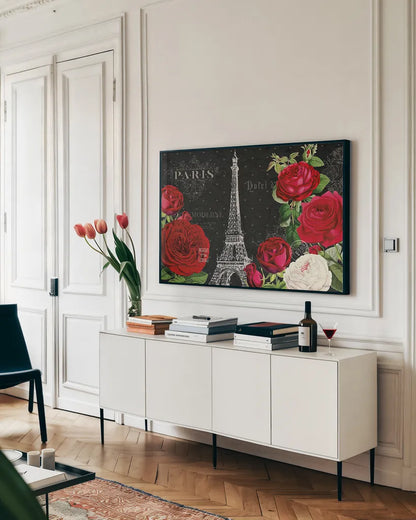 Rouge Paris I Black by Katie Pertiet. shown as a framed stretched canvas in a living room above a console. Available as a archival giclee rolled canvas, fine art paper, or poster print. SKU 43777i.