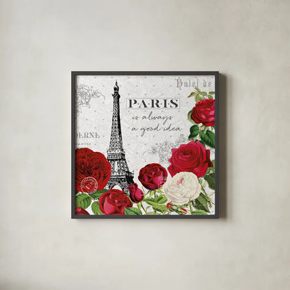 Rouge Paris II by Katie Pertiet. Shown in a sleek black glass frame for a contemporary gallery look. Available as an archival giclee rolled canvas, fine art paper, or poster print. SKU 43775a.