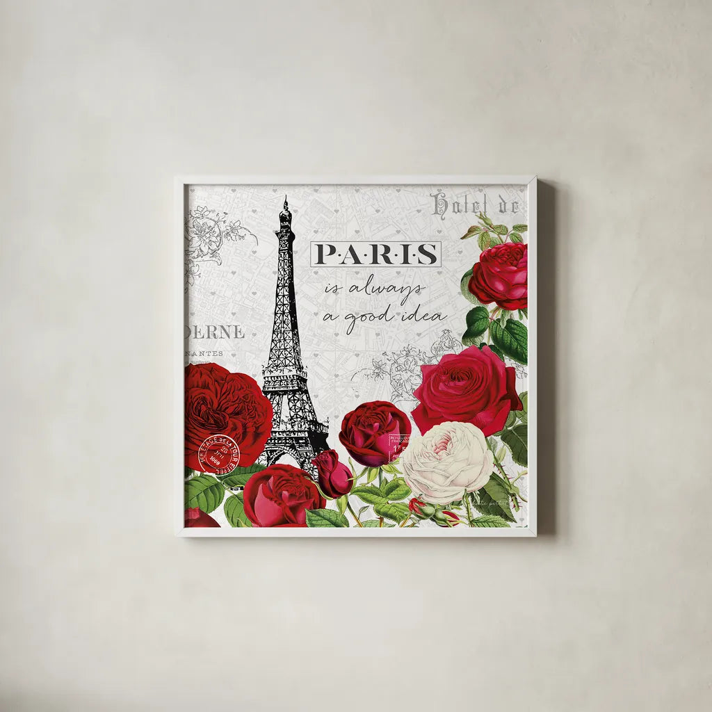 Rouge Paris II by Katie Pertiet. Shown in a crisp white glass frame for a clean and minimalist style. Available as an archival giclee rolled canvas, fine art paper, or poster print. SKU 43775a.