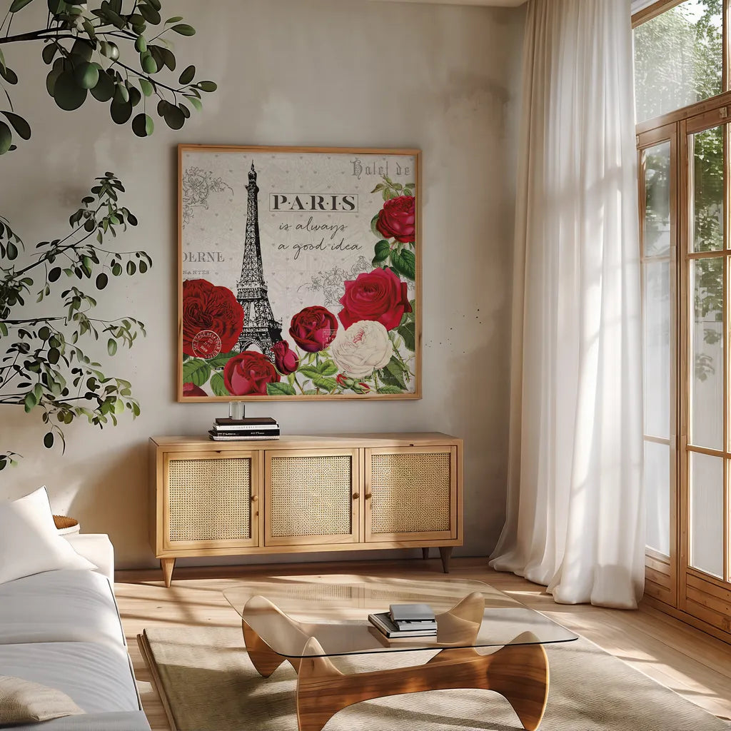 Rouge Paris II by Katie Pertiet. Shown in a natural wood frame in a cozy modern living room. Available as an archival giclee rolled canvas, fine art paper, or poster print. SKU 43775a.