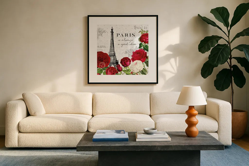 Rouge Paris II by Katie Pertiet. Displayed in a glass frame with matte in a clean modern living room. Available as an archival giclee rolled canvas, fine art paper, or poster print. SKU 43775a.