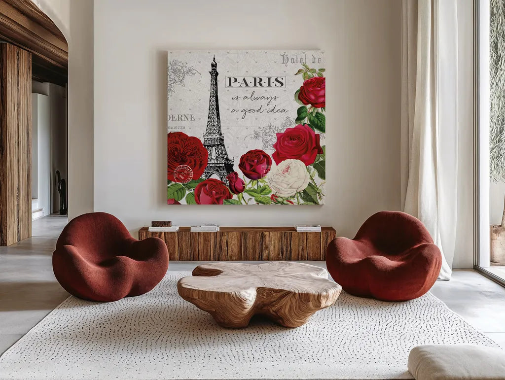 Rouge Paris II by Katie Pertiet. Shown as extra-large giant wall art in a modern living room. Available as an archival giclee rolled canvas, fine art paper, or poster print. SKU 43775a.