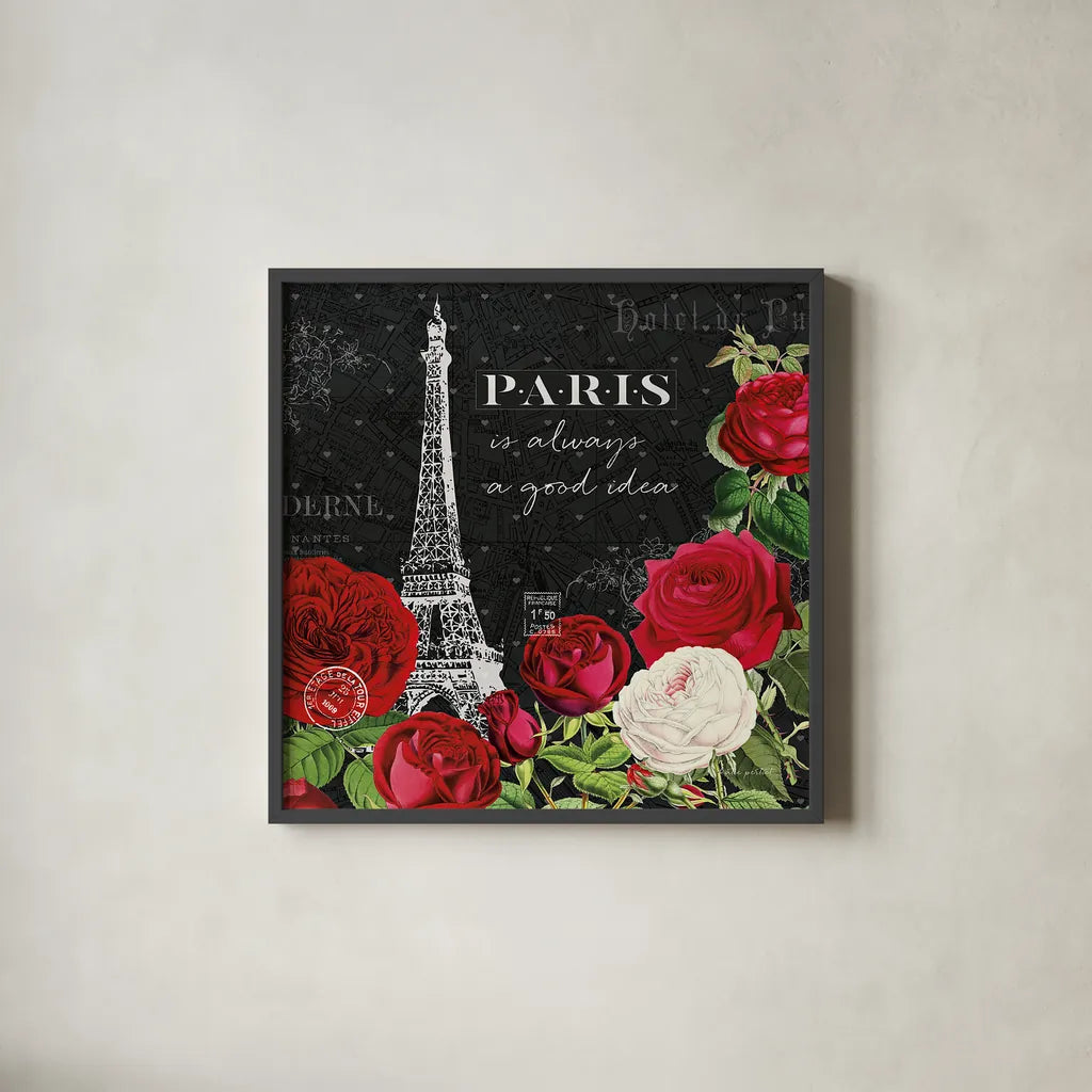 Rouge Paris II Black by Katie Pertiet. Shown in a sleek black glass frame for a contemporary gallery look. Available as an archival giclee rolled canvas, fine art paper, or poster print. SKU 43778a.