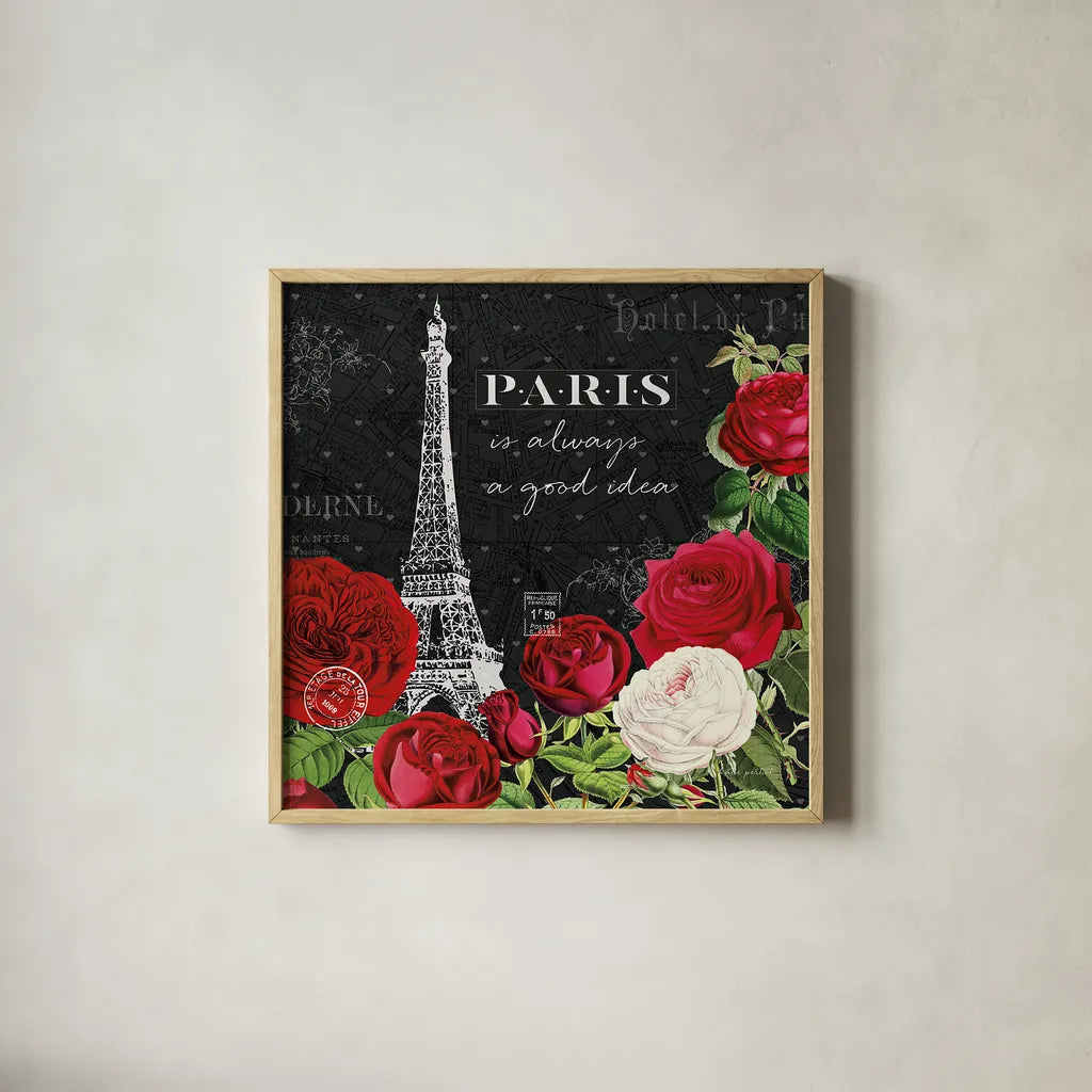 Rouge Paris II Black by Katie Pertiet. Shown in a natural wood glass frame for a timeless modern aesthetic. Available as an archival giclee rolled canvas, fine art paper, or poster print. SKU 43778a.