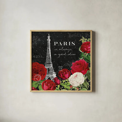 Rouge Paris II Black by Katie Pertiet. Shown in a natural wood glass frame for a timeless modern aesthetic. Available as an archival giclee rolled canvas, fine art paper, or poster print. SKU 43778a.