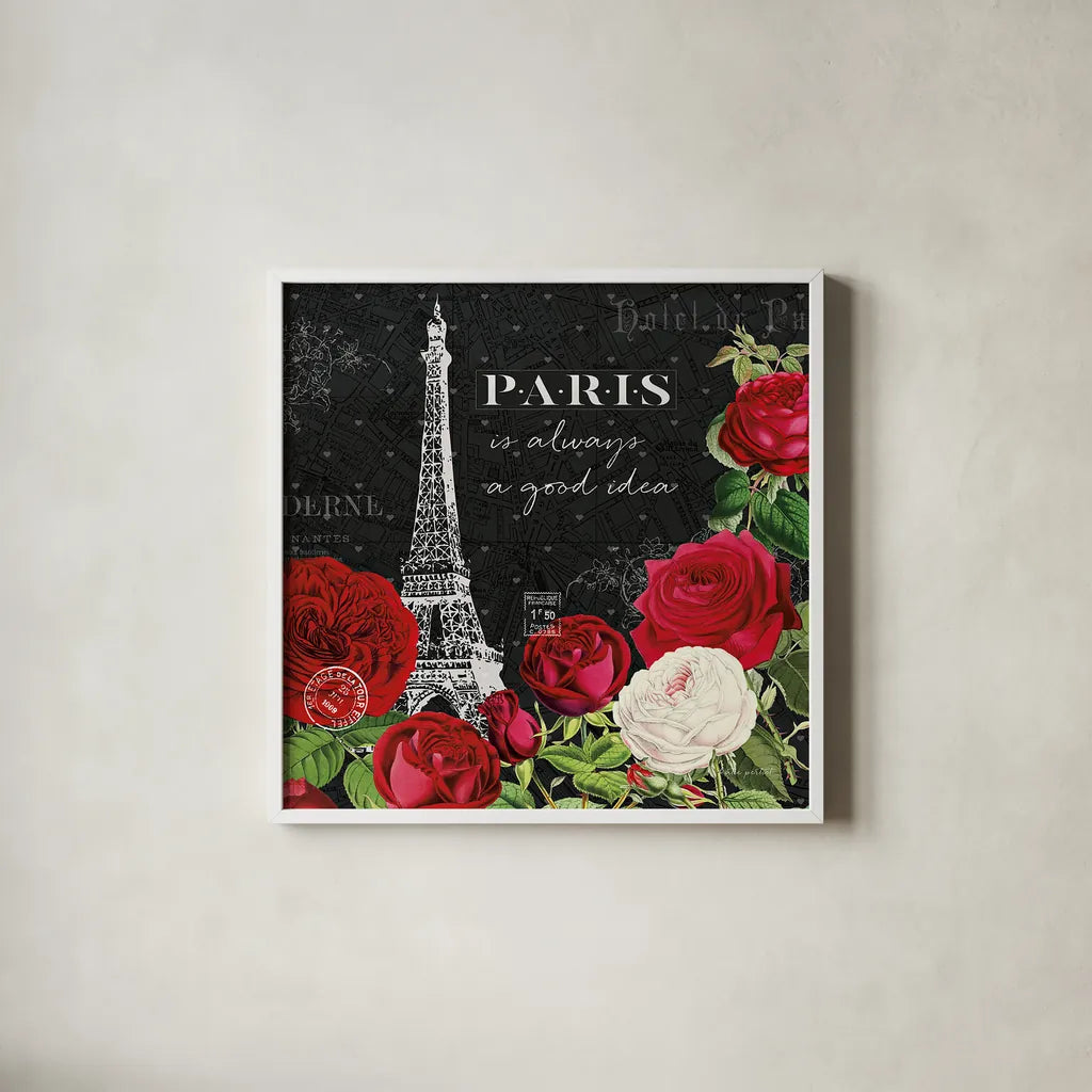 Rouge Paris II Black by Katie Pertiet. Shown in a crisp white glass frame for a clean and minimalist style. Available as an archival giclee rolled canvas, fine art paper, or poster print. SKU 43778a.