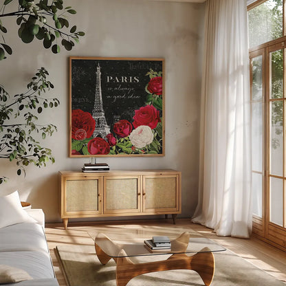 Rouge Paris II Black by Katie Pertiet. Shown in a natural wood frame in a cozy modern living room. Available as an archival giclee rolled canvas, fine art paper, or poster print. SKU 43778a.